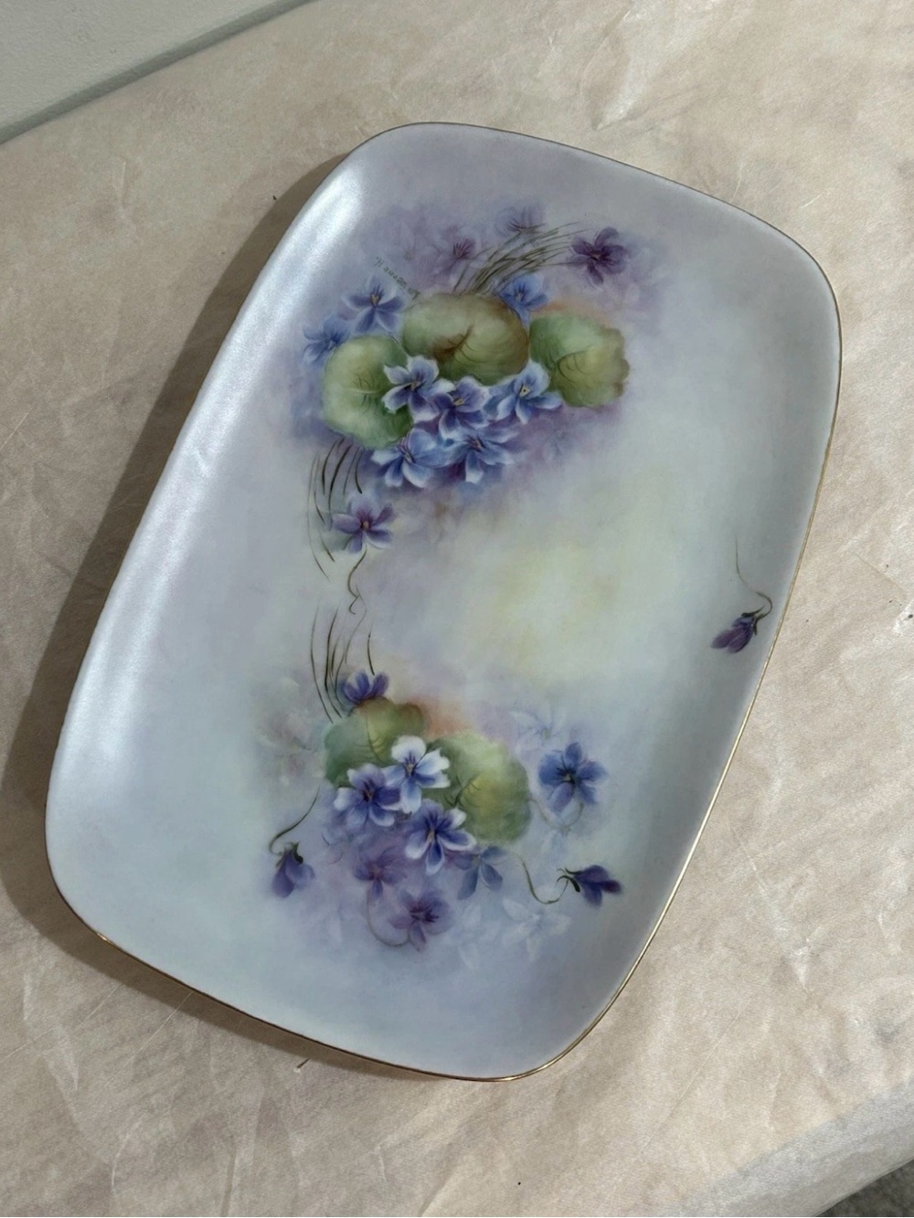 MCM 1940 Signed HandPainted Dresser Tray Limoges-Style Blank Gold Trim Porcelain